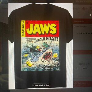 Jaws Black T-Shirt New XL Unisex